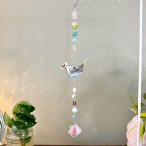 Origami Ornament #2370 - Medium Crane with Fused Glass Pendant